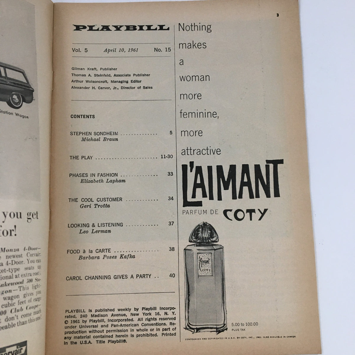 Inside page of the 1961 Playbill from the Longacre Theatre listing production details, advertisements, and features related to Ionesco's Rhinoceros.
