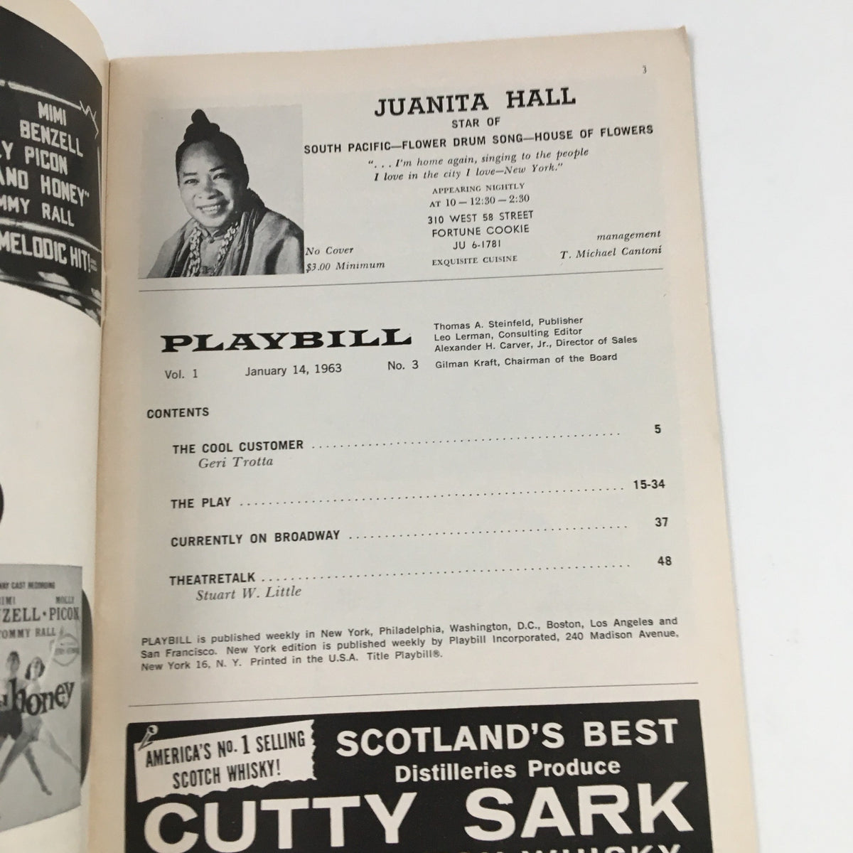 Interior page of the 1963 Playbill for Tchin-Tchin by Sidney Michaels, showcasing the profile of actress Juanita Hall and the program details.