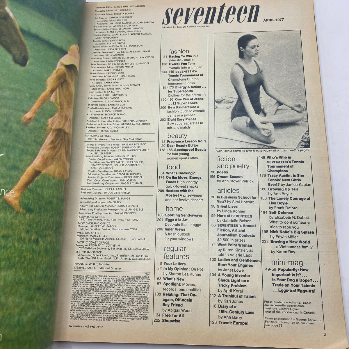 Inside page of VTG Seventeen Magazine April 1977 displaying the table of contents, listing articles and features from the issue, capturing the essence of 1970s youth culture.