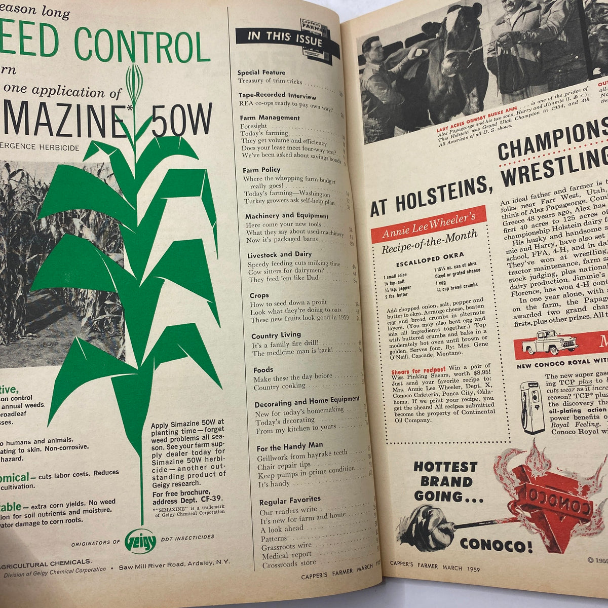 Inside pages of VTG Carper's Farmer Magazine March 1959 highlighting farm management and features such as special interviews and recipes.