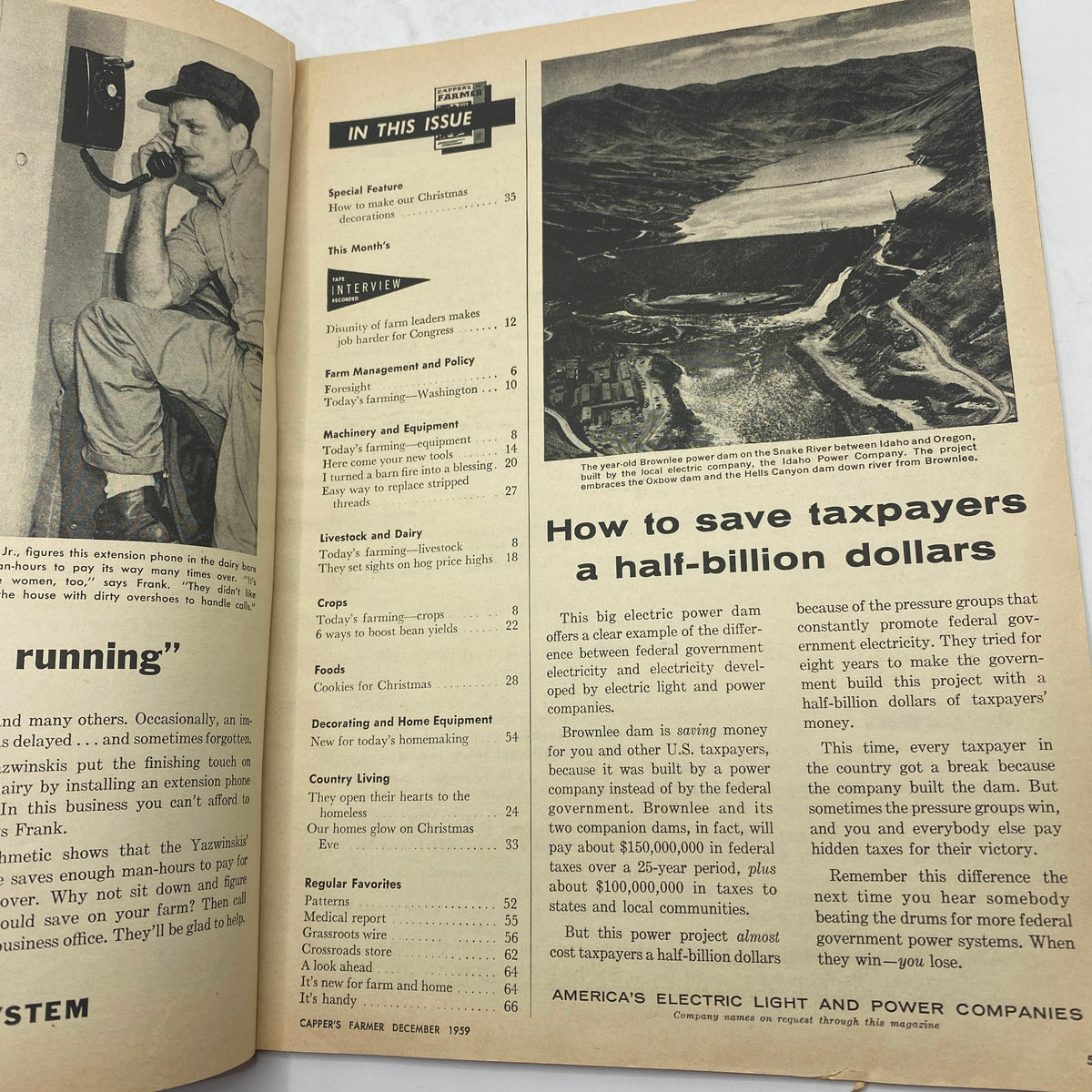 Inside page of VTG Carper's Farmer Magazine December 1959 outlining features such as holiday decoration ideas and articles related to Christmas, reflecting mid-century Americana.