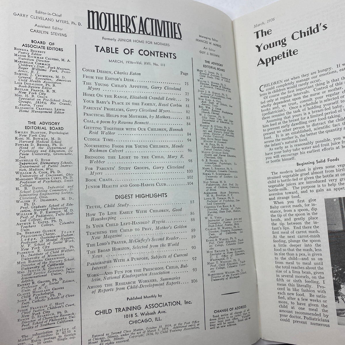 Inside page of VTG Mother's Activities Magazine March 1936 displaying the table of contents and editorial board, showcasing articles on child care topics.