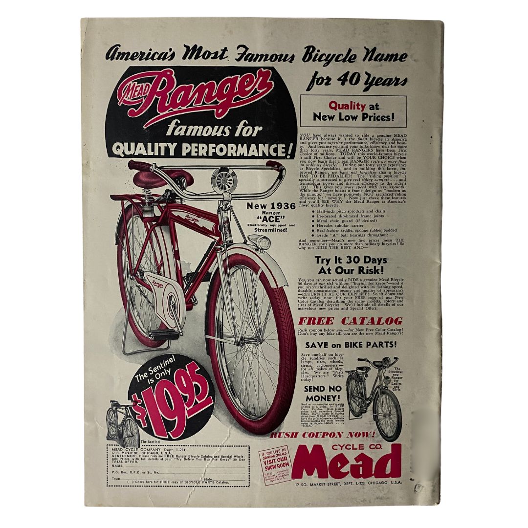 Advertisement page in VTG Mother's Activities Magazine March 1936 for Mead Ranger bicycles, illustrating the 1936 model and promotional offers.