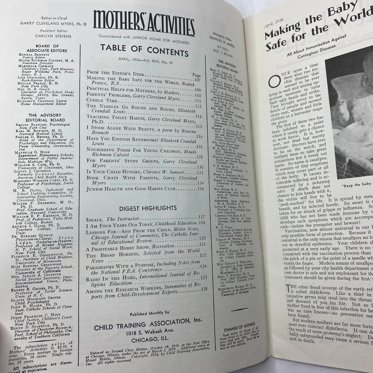 Table of contents from VTG Mother's Activities Magazine April 1936 detailing articles on child care, education, and parenting philosophy.