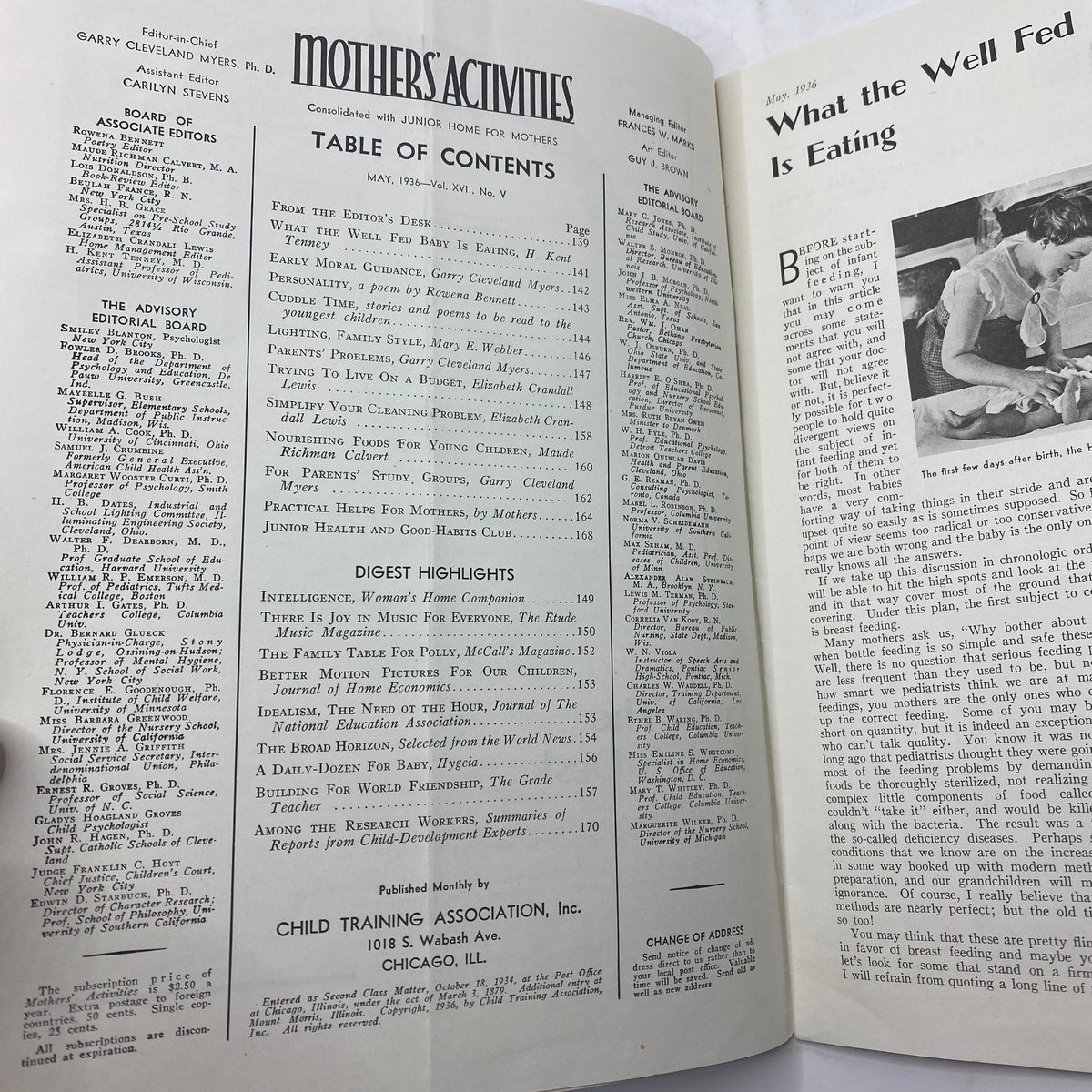 Inside page of VTG Mother's Activities Magazine, May 1936, showcasing the table of contents and editor notes related to parenting and child care.