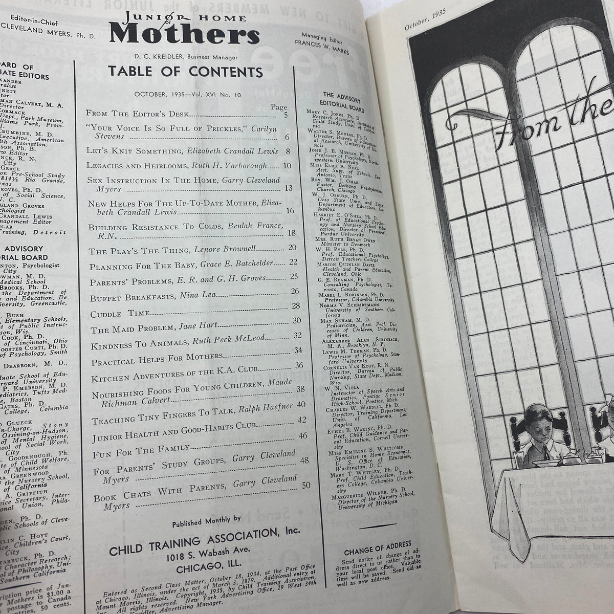 Table of contents from the VTG Junior Home for Mothers Magazine, October 1935, featuring articles on parenting and family life.