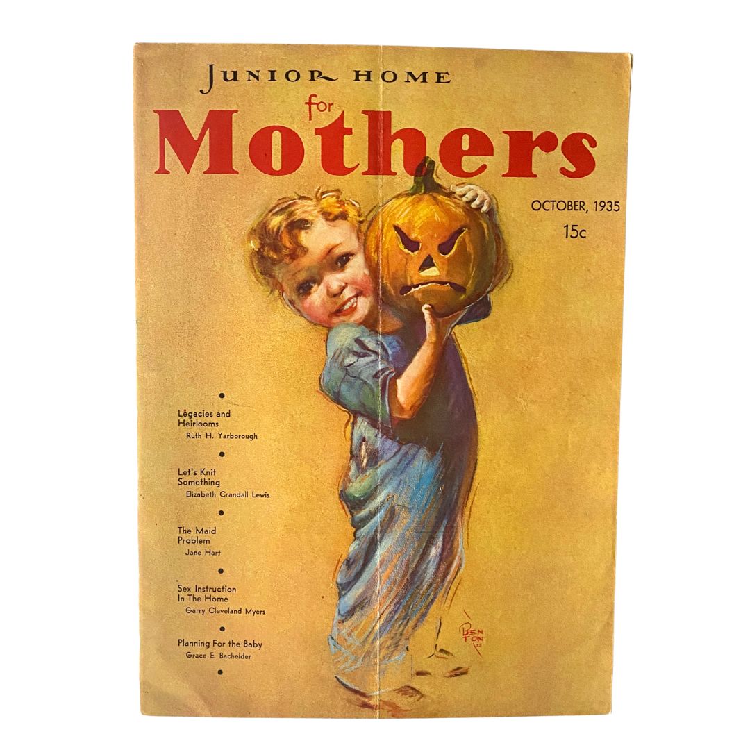 Cover of VTG Junior Home for Mothers Magazine October 1935 featuring a cheerful child with a pumpkin, showcasing the theme 'Legacies and Heirlooms'.