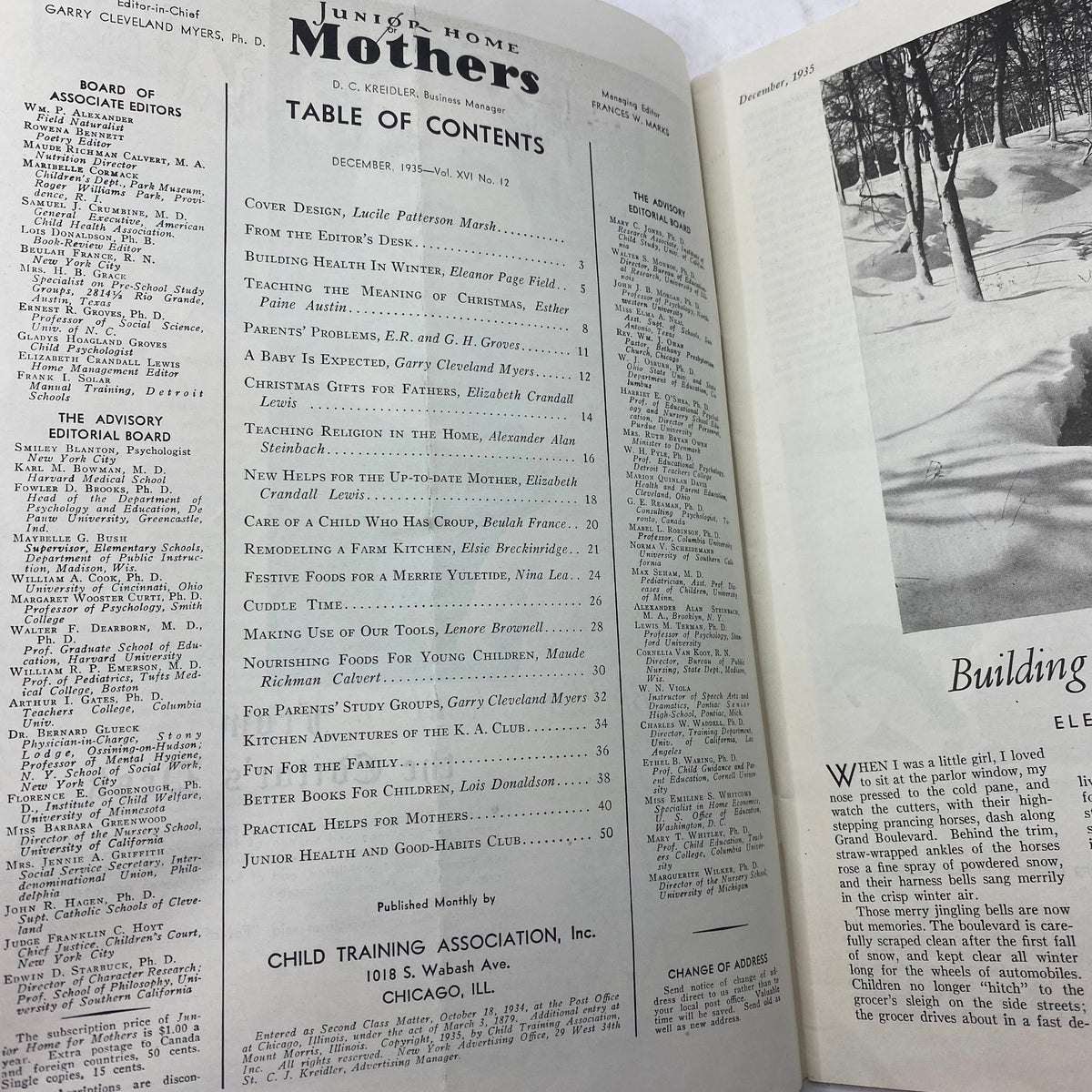 Interior page showcasing the Table of Contents of VTG Junior Home for Mothers Magazine, December 1935, displaying various articles relevant to motherhood and family.