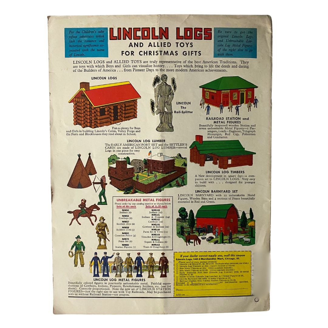 Advertisement for Lincoln Logs and Allied Toys from VTG Junior Home for Mothers Magazine, December 1935, illustrating traditional children's toys as holiday gifts.