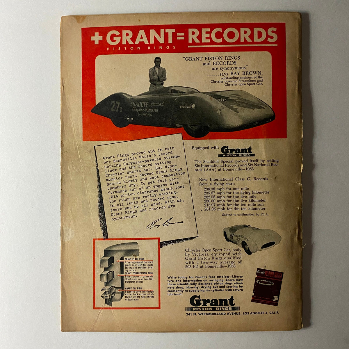 Back cover of VTG Hot Rod Magazine February 1954 showcasing an advertisement for Grant piston rings, including images and text about record-setting achievements.