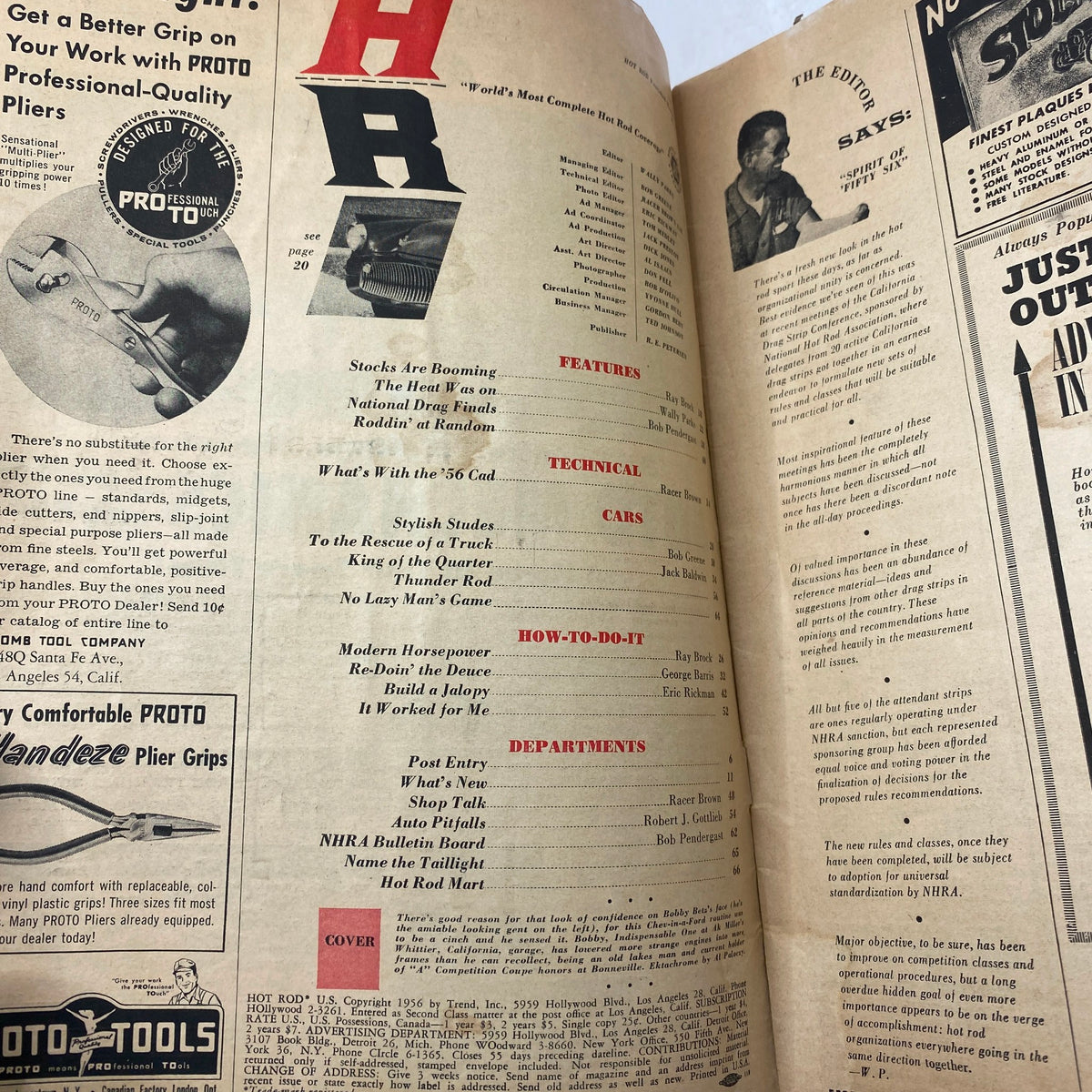 Inside page of VTG Hot Rod Magazine February 1956 displaying articles and advertisements related to automotive innovations.