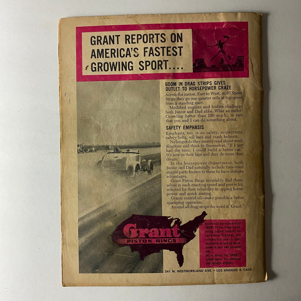 Back cover of VTG Hot Rod Magazine February 1956 showcasing Grant Piston Rings advertisement and a summary on drag strips.