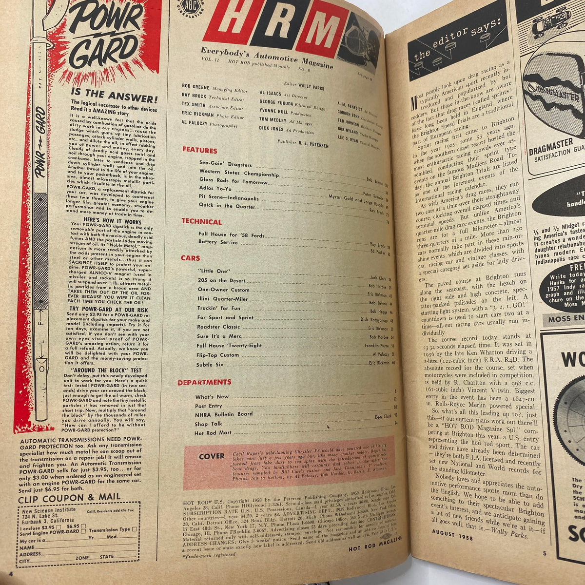 Inside page layout of VTG Hot Rod Magazine August 1958 showing the table of contents, articles about automotive mechanics, and personalized insights on drag racing culture.