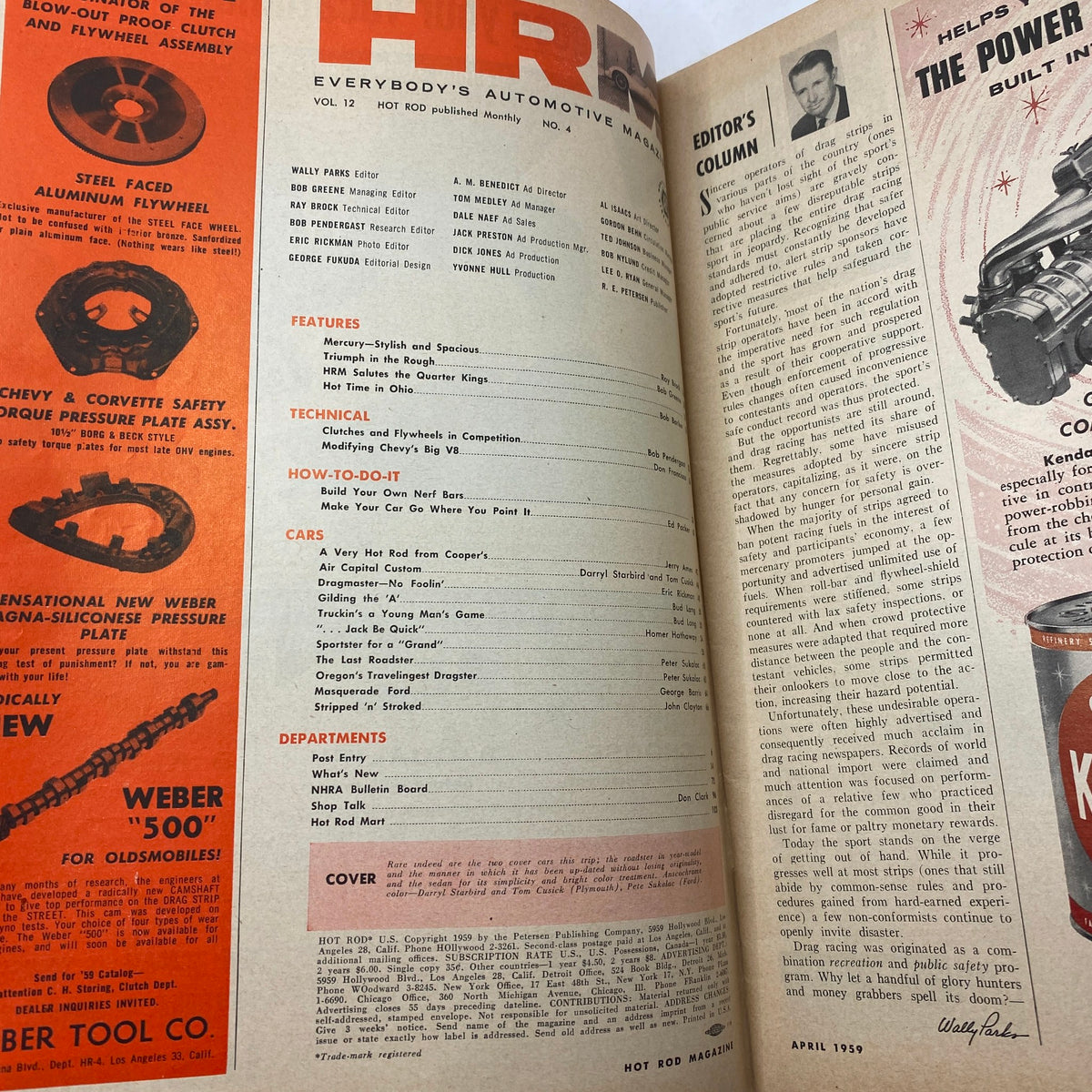 Inside page of VTG Hot Rod Magazine April 1959 showcasing the editorial column and contents, featuring topics on automotive technology and competition clutches.