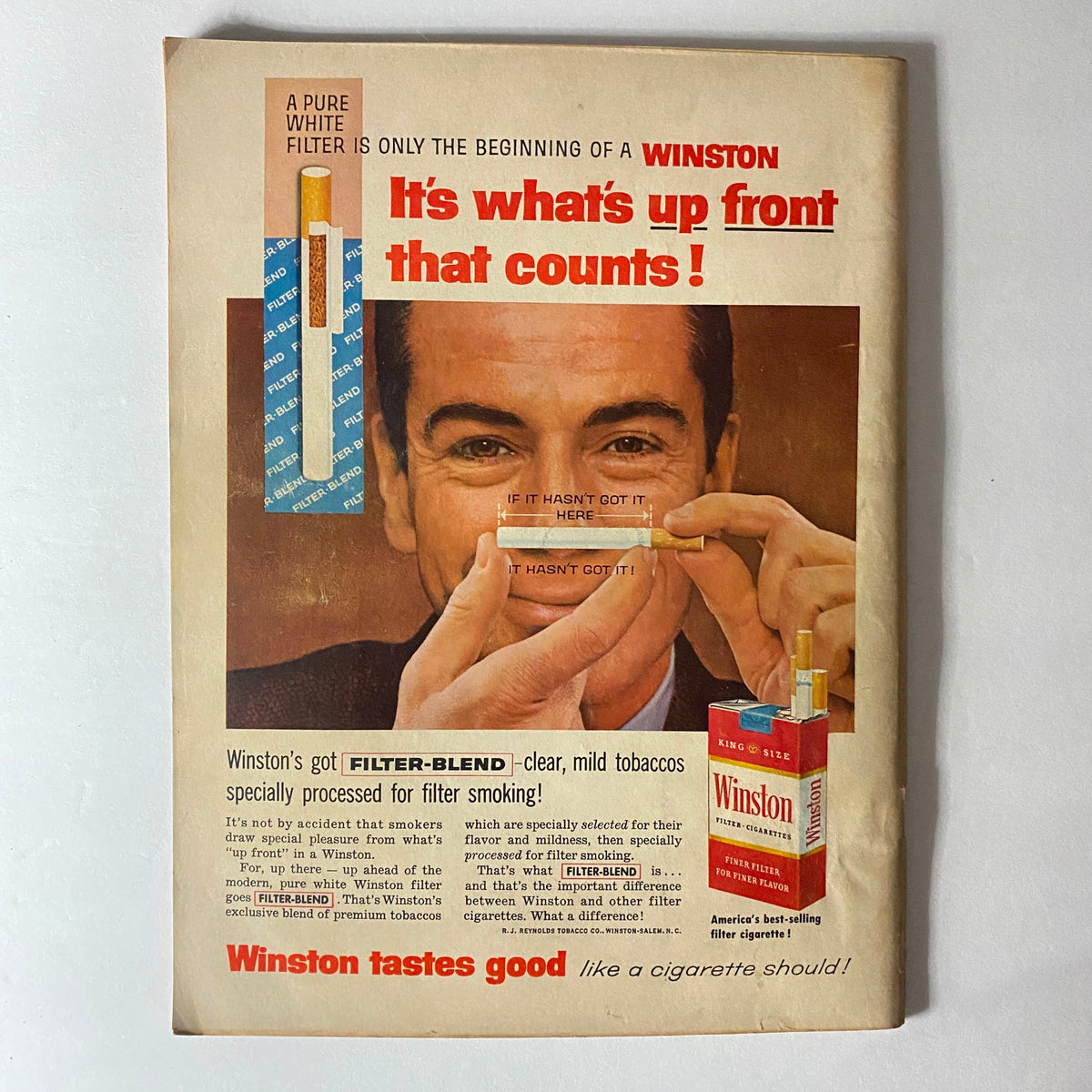 Back cover of VTG Hot Rod Magazine April 1959 featuring a Winston cigarette advertisement, emphasizing filter technology.