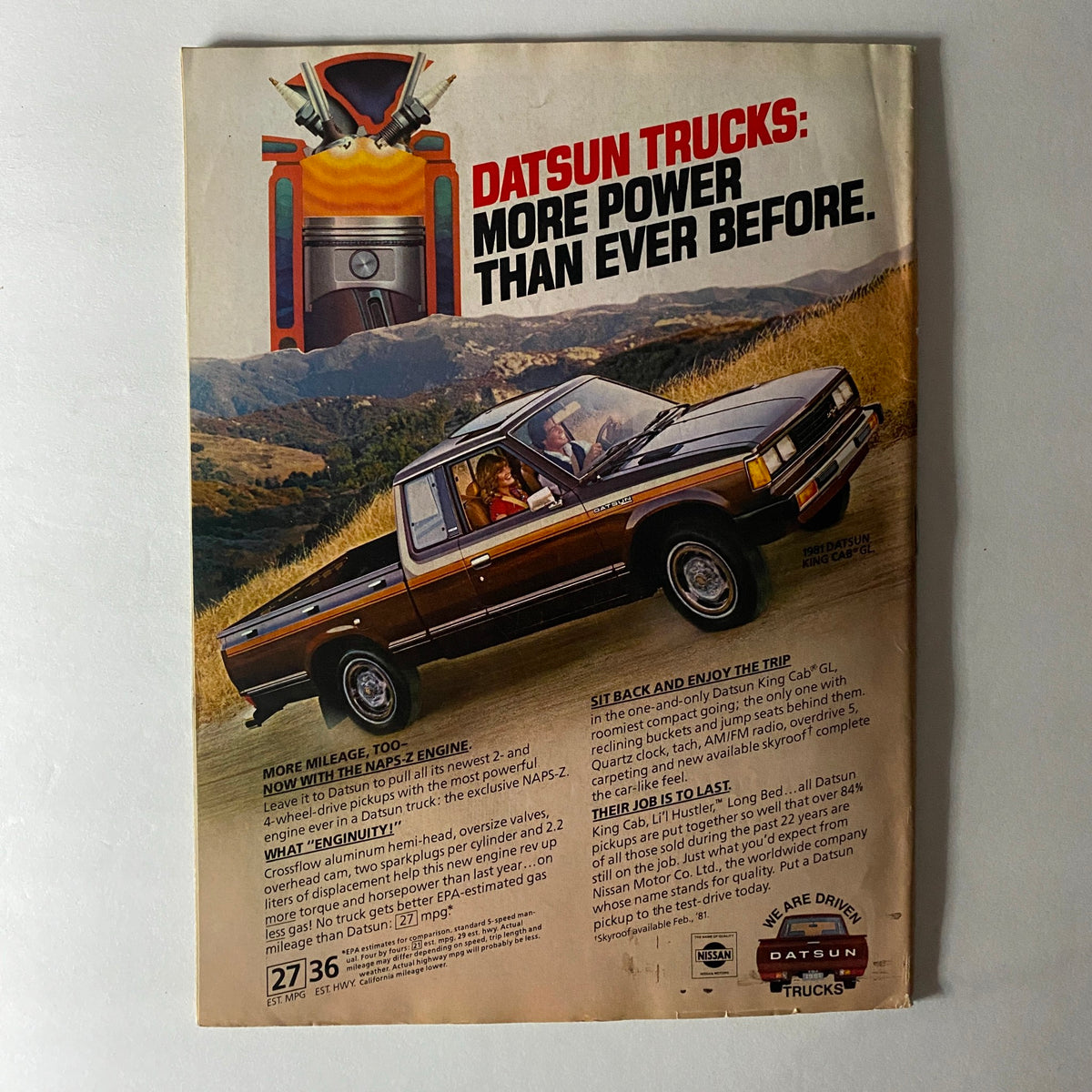 Advertisement for Datsun Trucks from Petersen's 4-Wheel & Off-Road Magazine January 1981, showcasing the new NAPS-Z engine and emphasizing improved power and mileage.