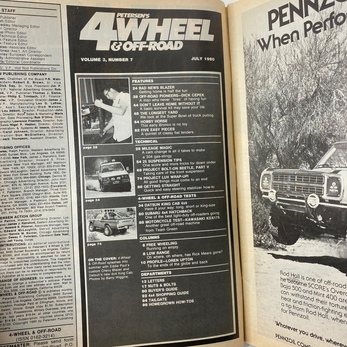 Petersen's 4-Wheel & Off-Road Magazine, July 1980, featuring a table of contents with articles on off-road vehicles like Datsun 4x4 and Subaru Hatch, highlighting technology and features from the era.