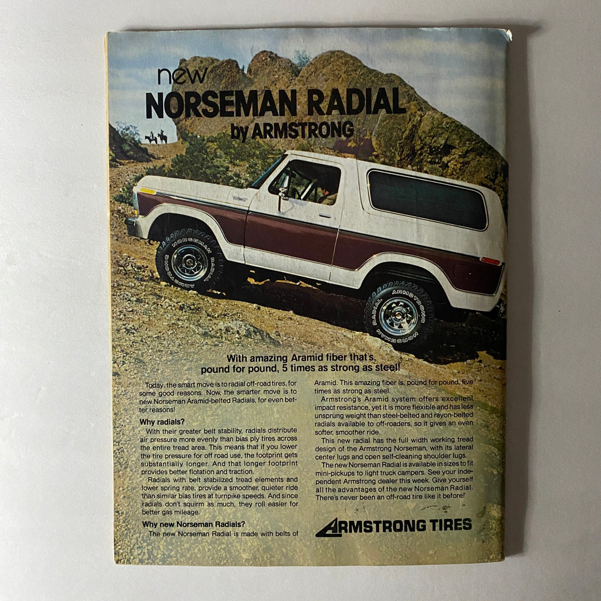 An advertisement for the new Norseman Radial by Armstrong Tires, showcasing a vintage off-road vehicle on rugged terrain, illustrating the durability and innovation of the tire technology in Petersen's 4-Wheel & Off-Road Magazine, July 1980.
