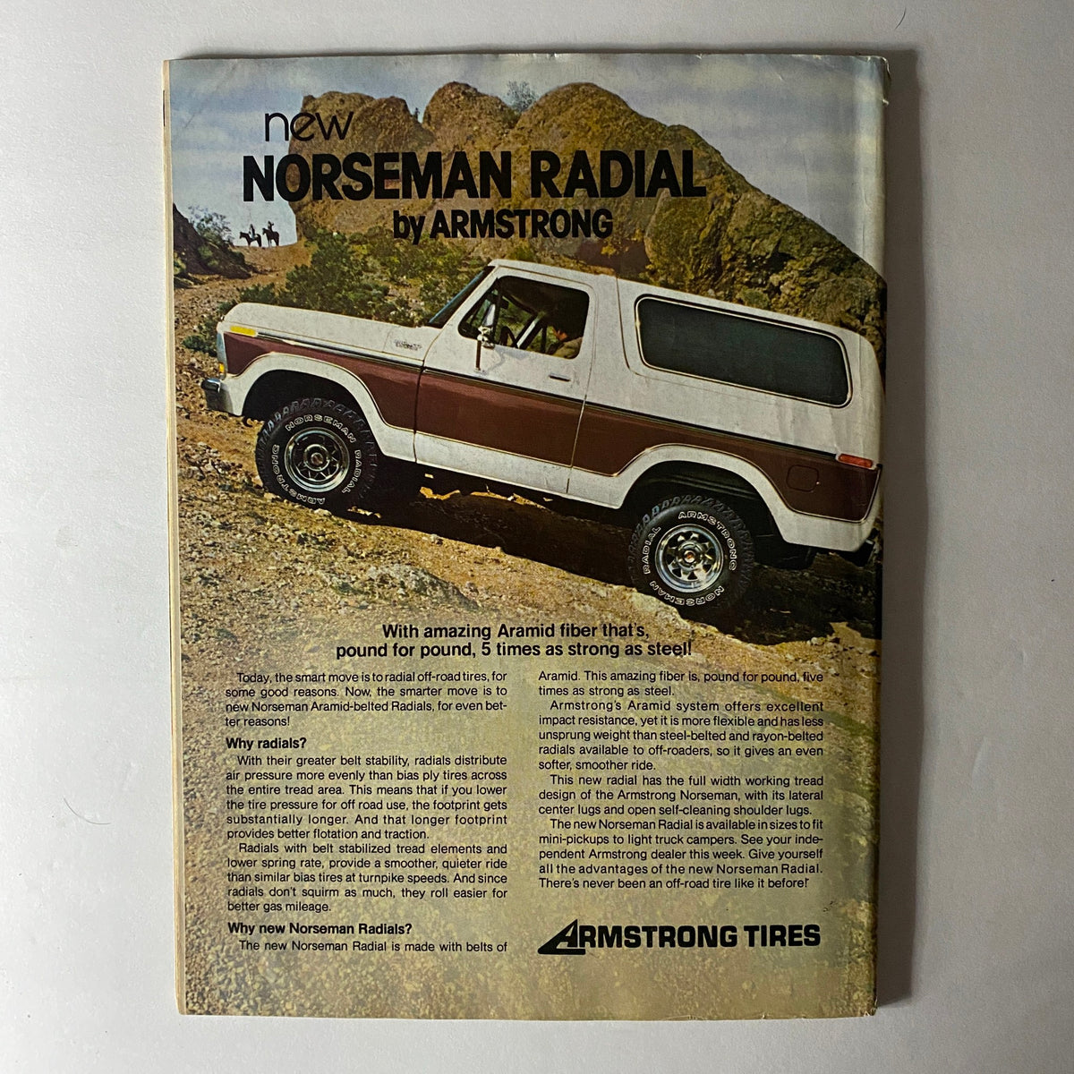 Cover of the Armstrong Norseman Radial tire advertisement included in Petersen's 4-Wheel & Off-Road Magazine September 1980, showcasing an off-road vehicle with detailed descriptions of tire features.