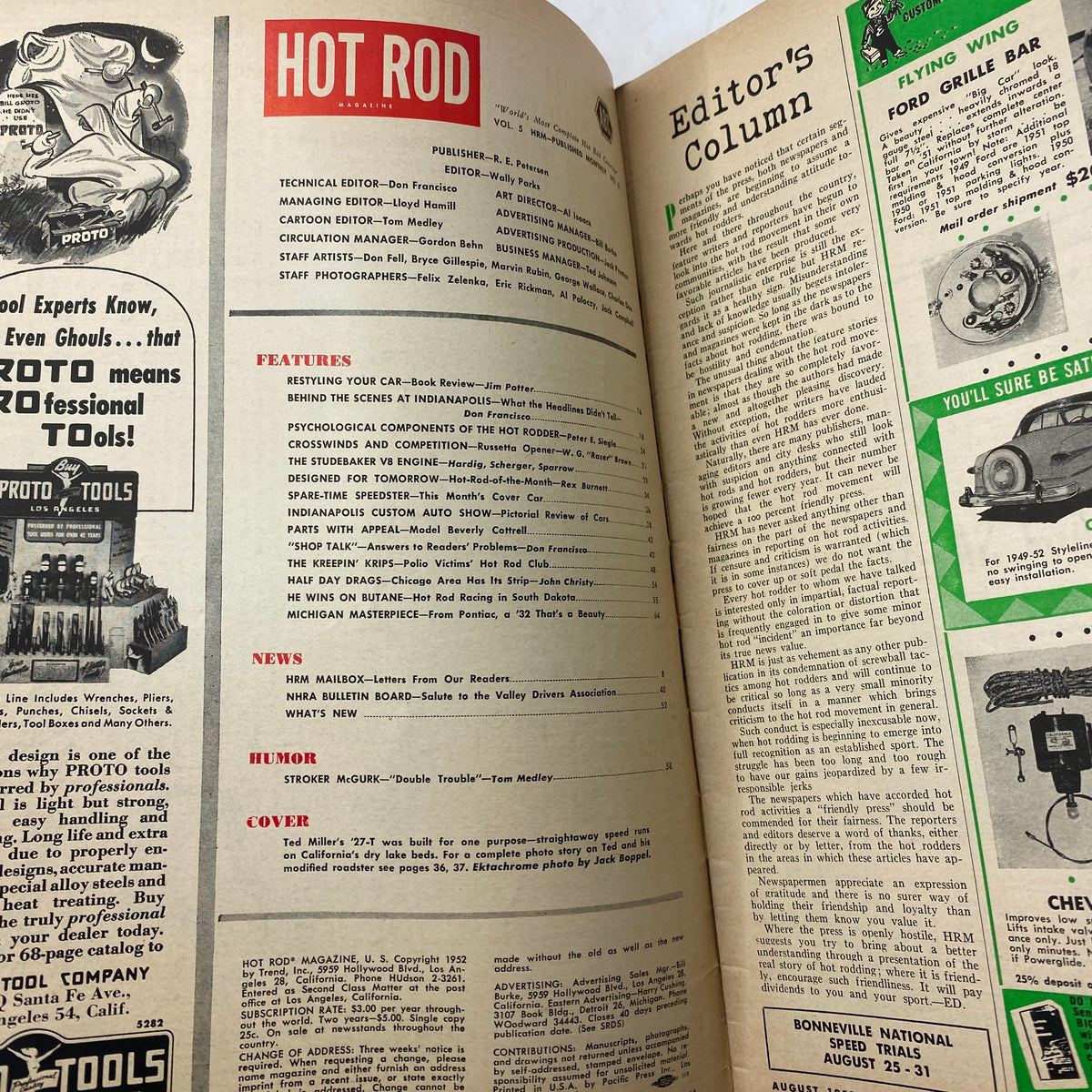 Interior page from VTG Hot Rod Magazine August 1952, displaying features and articles on hot rod customization and engineering.