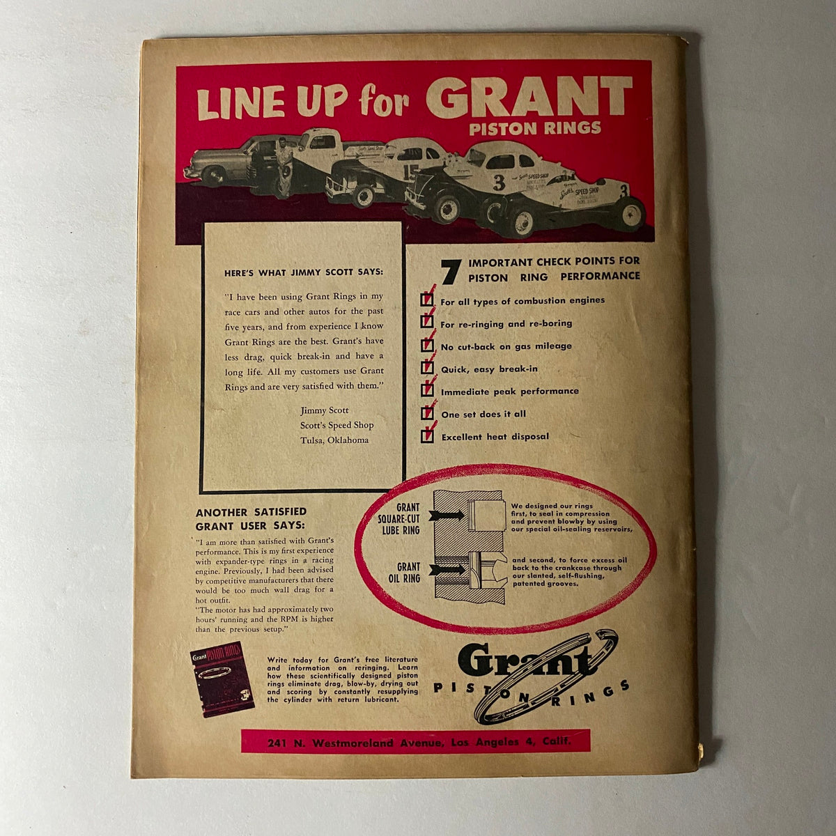 Back cover of VTG Hot Rod Magazine November 1954 advertising Grant Piston Rings, showcasing customer testimonials and performance tips for race cars.