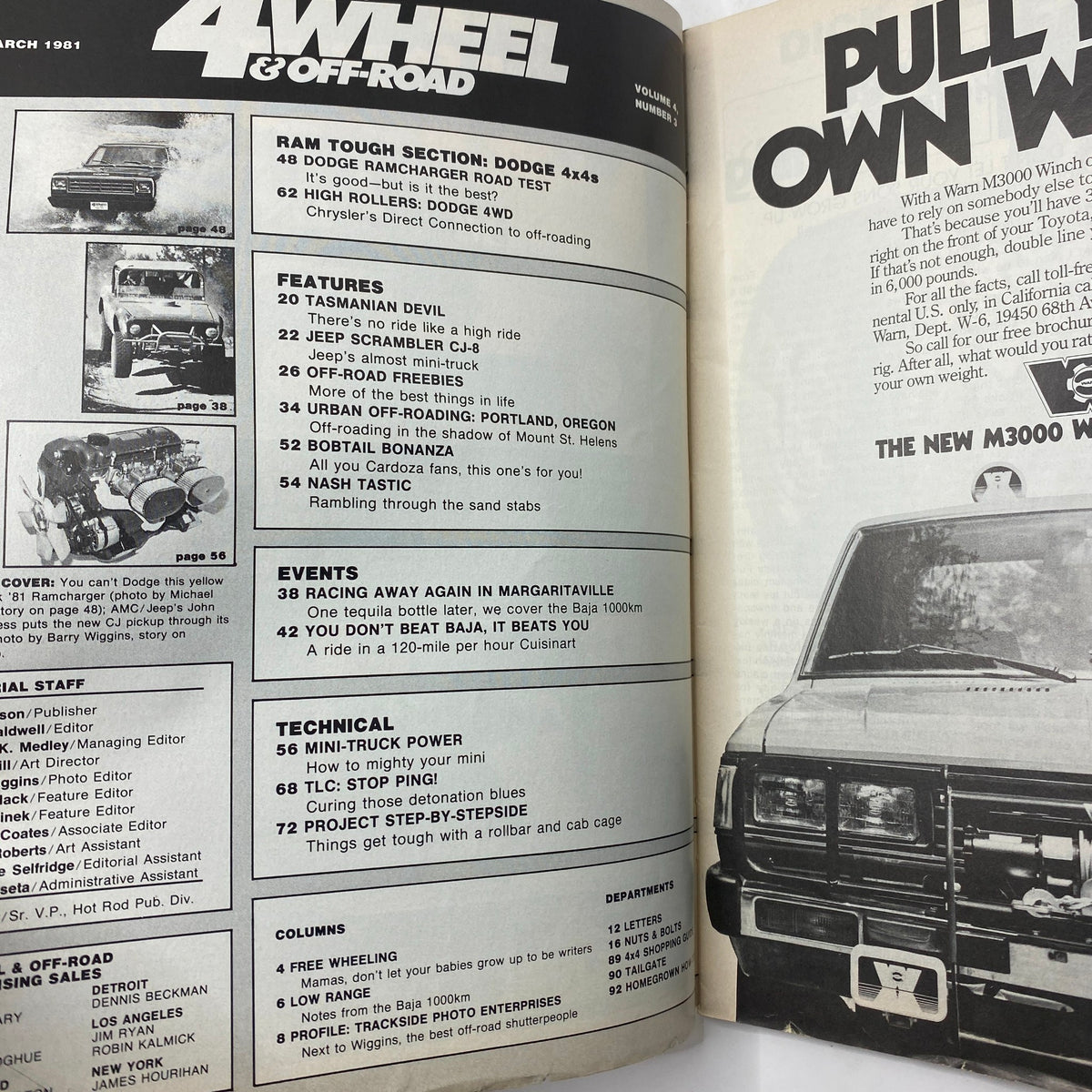Inside page of Petersen's 4-Wheel & Off-Road Magazine March 1981 displaying features about Dodge 4WD trucks and off-road tips.