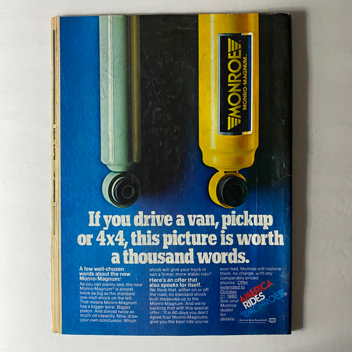Back cover of VTG Truckin' Magazine August 1980 featuring an advertisement for Monroe shocks, targeted at van, pickup, and 4x4 vehicle owners.