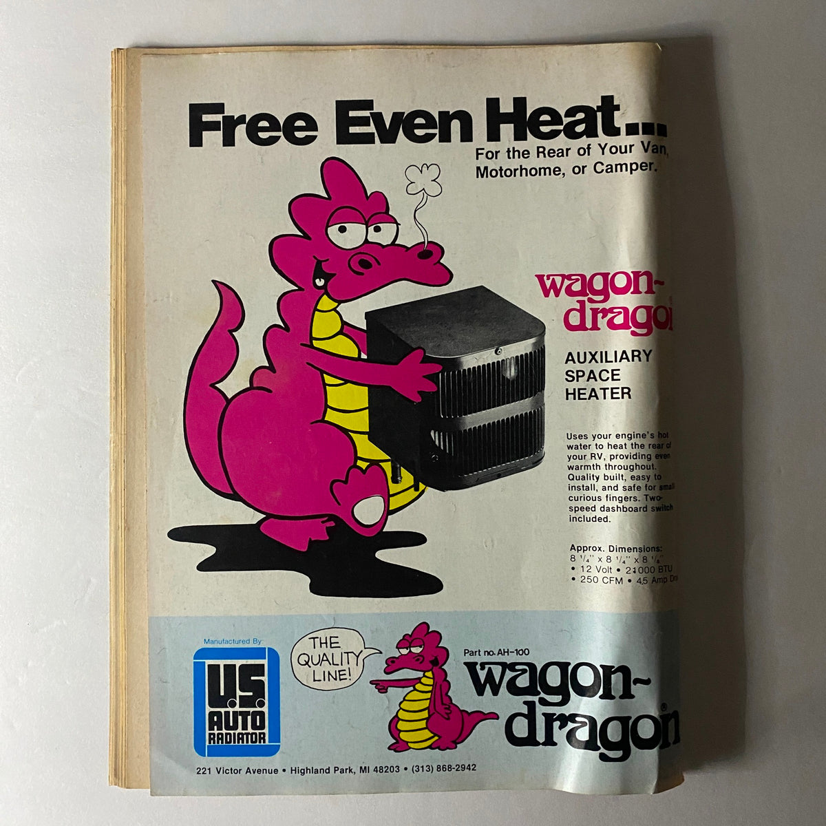Advertisement page from Vintage Truckin' Magazine January 1980 displaying a quirky cartoon character promoting the Wagon-Dragon auxiliary space heater.