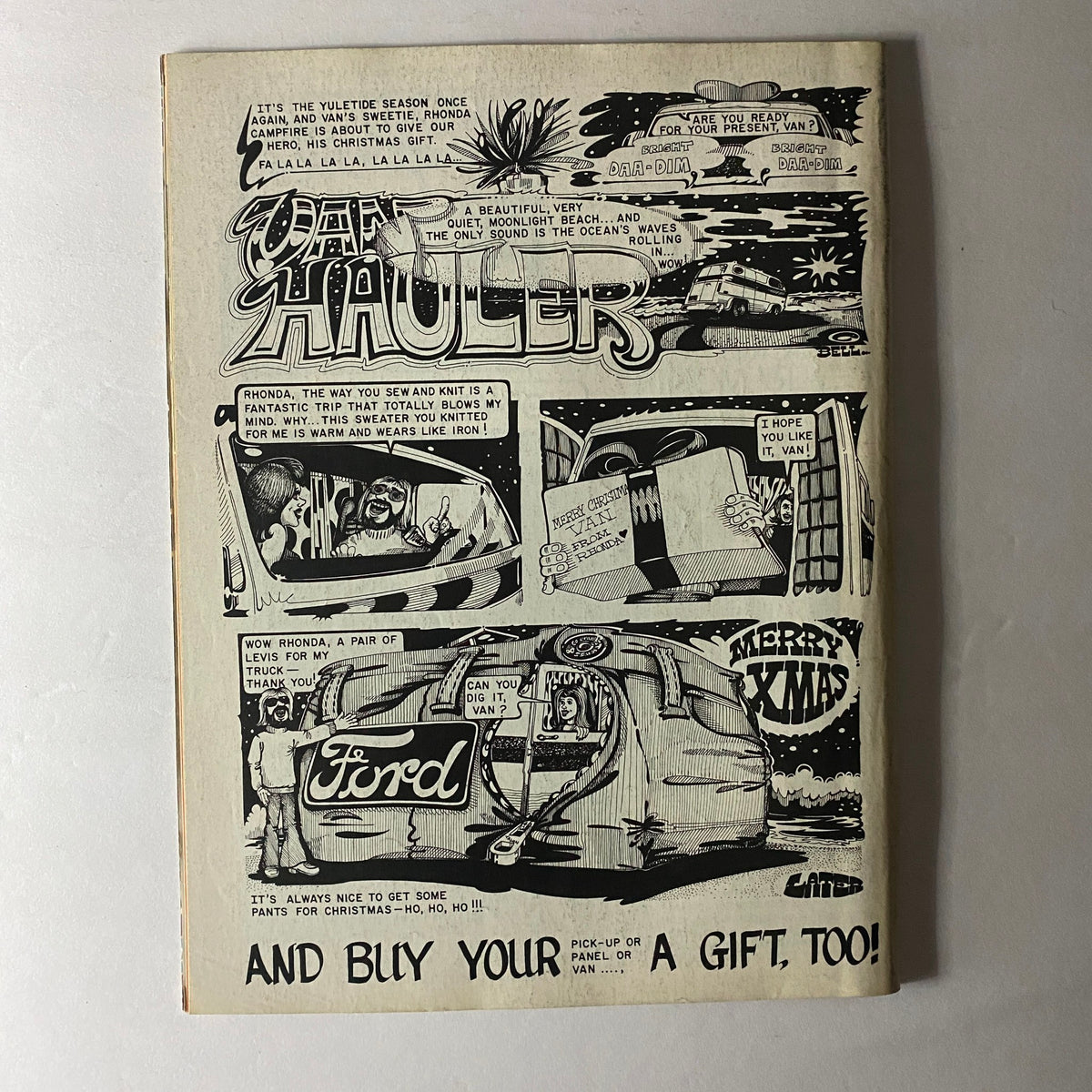 Back cover of VTG Truckin' Magazine December 1975 showcasing a humorous comic strip advertisement related to vans and pickups.
