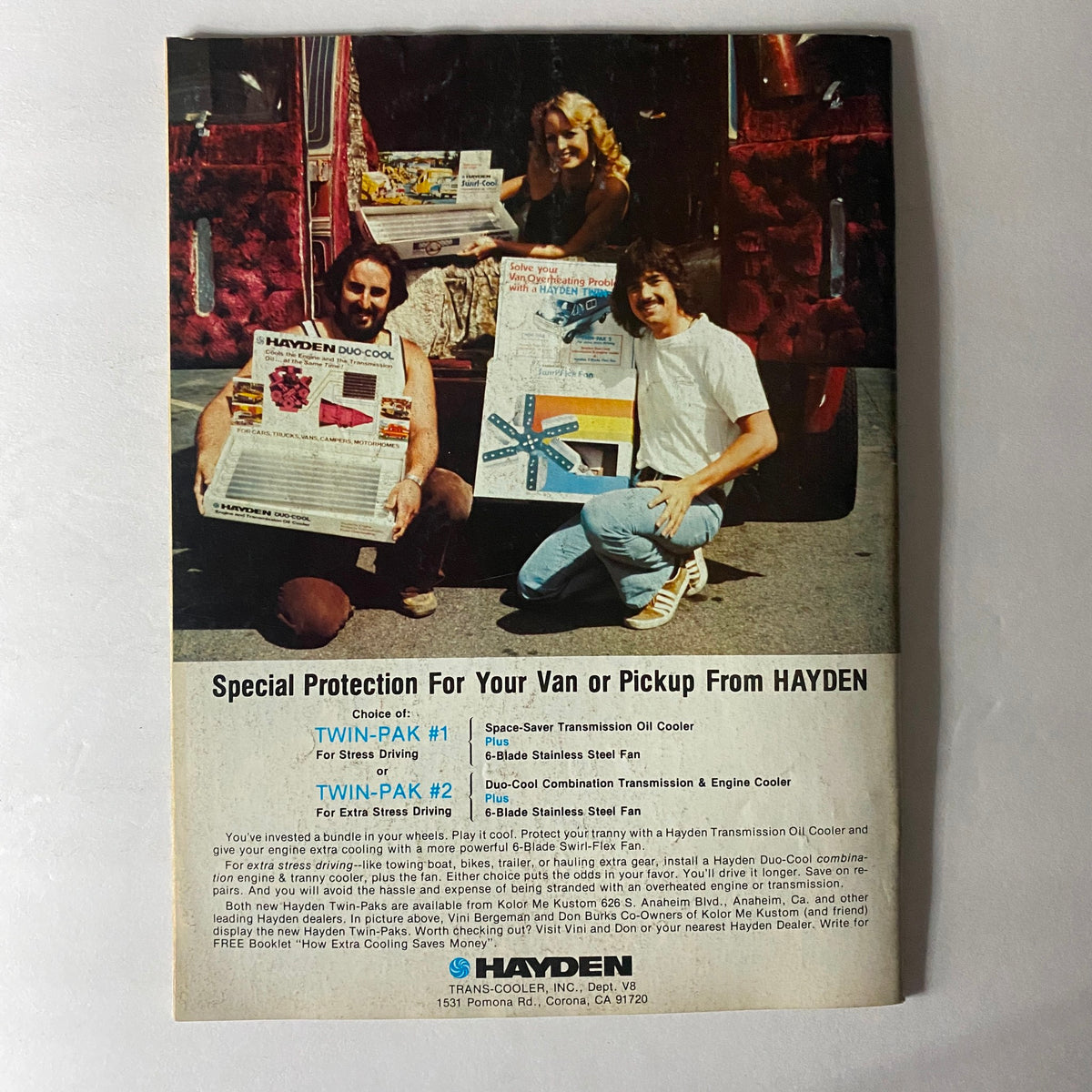 Advertisement from VTG Truckin' Magazine August 1976 showcasing Hayden products for van and pickup protection, featuring three people with the Twin-Pak products.