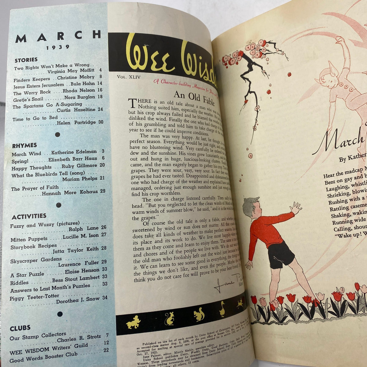 Interior page of the Vintage Wee Wisdom Magazine March 1939, showcasing a table of contents with sections for stories, rhymes, activities, and clubs, highlighting its nostalgic charm.