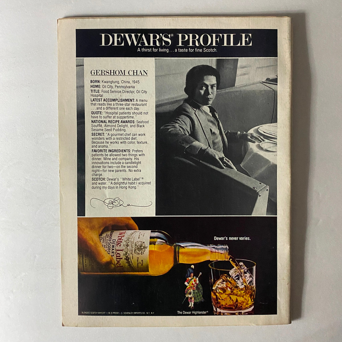 Back cover profile of Gershom Chan from VTG Newsweek Magazine June 25 1979, showcasing his achievements as Food Service Director at Oil City Hospital along with an advertisement for Dewar's Scotch.