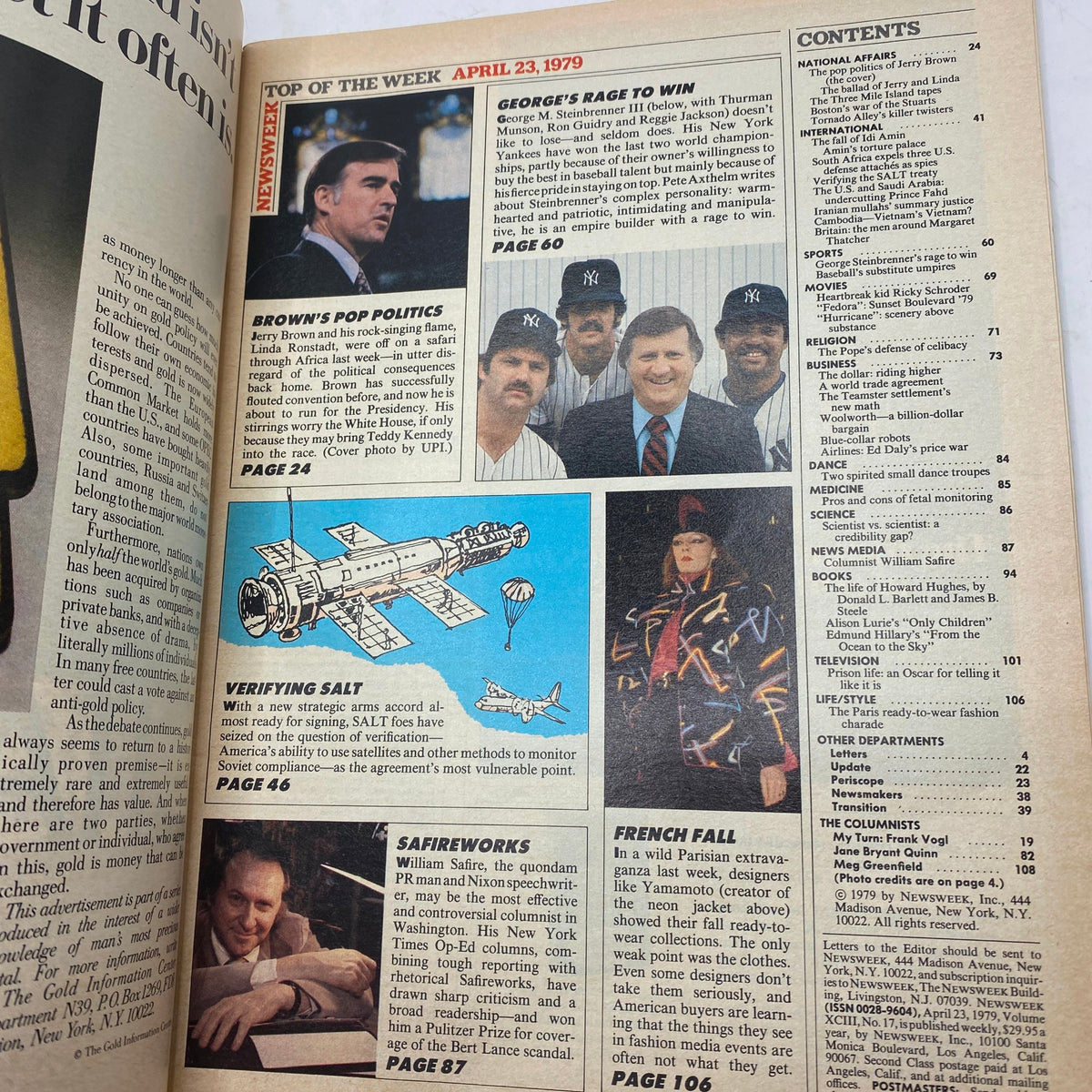 Inside page of VTG Newsweek Magazine from April 23, 1979, featuring Jerry Brown and articles about pop politics, SALT verification, and more.