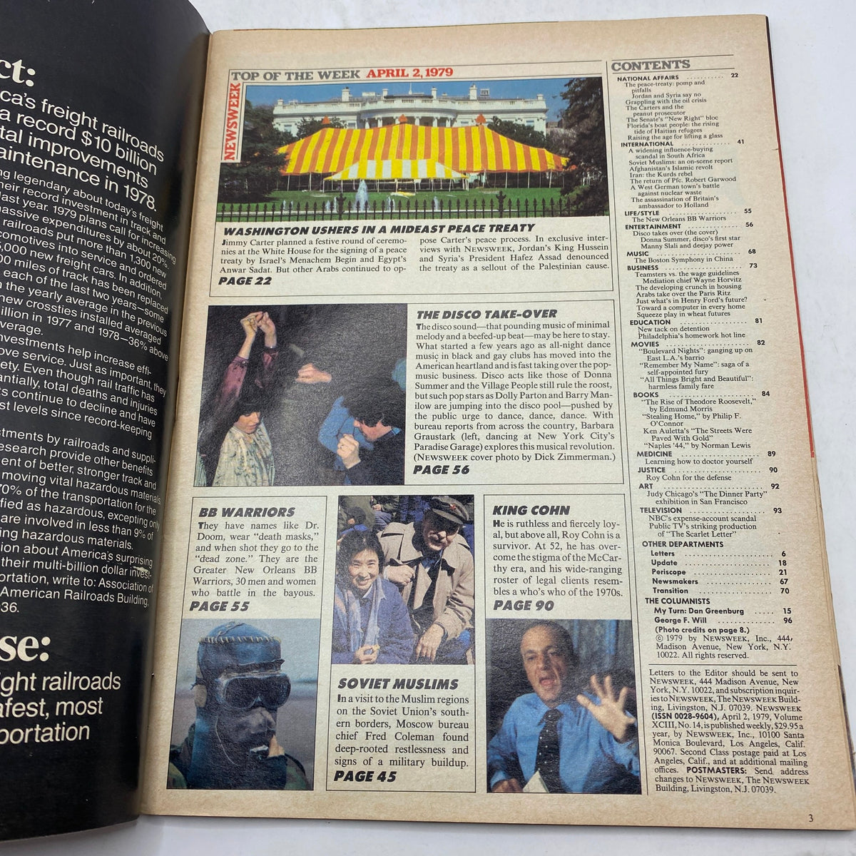 Inside page of VTG Newsweek Magazine April 2 1979 featuring disco takeover segment with highlights on Donna Summer, BB Warriors, and Soviet Muslims.