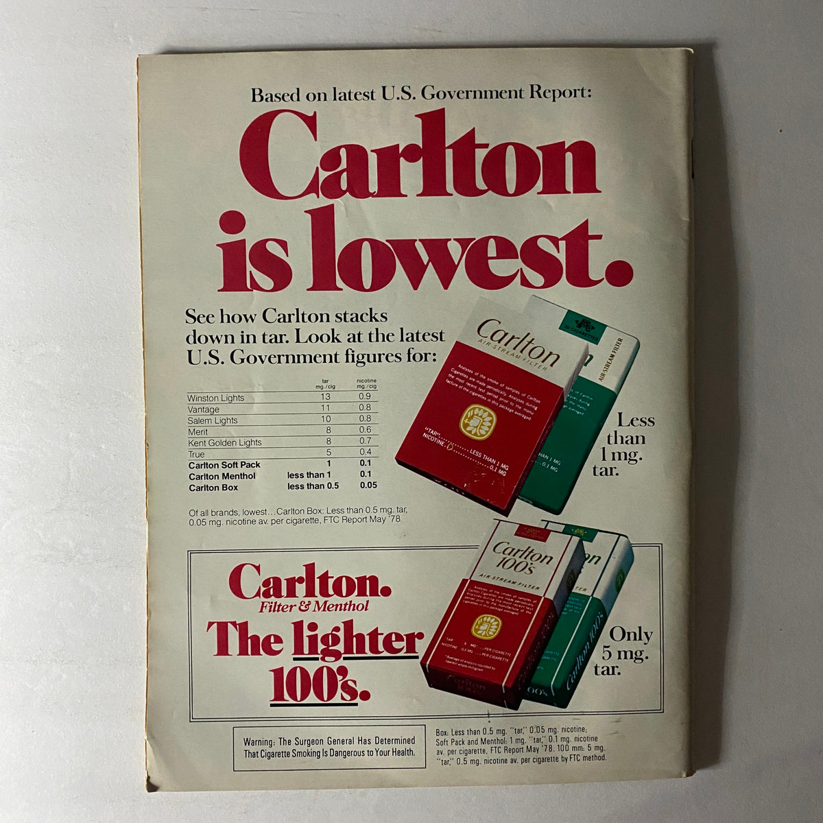 Back cover of VTG Newsweek Magazine April 2 1979 showing a Carlton cigarette advertisement emphasizing low tar content.