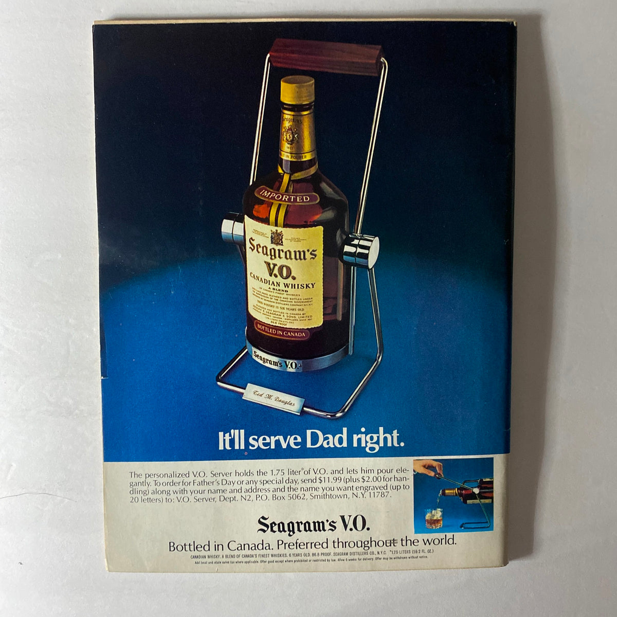 Advertisement for Seagram's V.O. Canadian whiskey featured in VTG Newsweek Magazine May 8, 1978, promoting a personalized whiskey server.