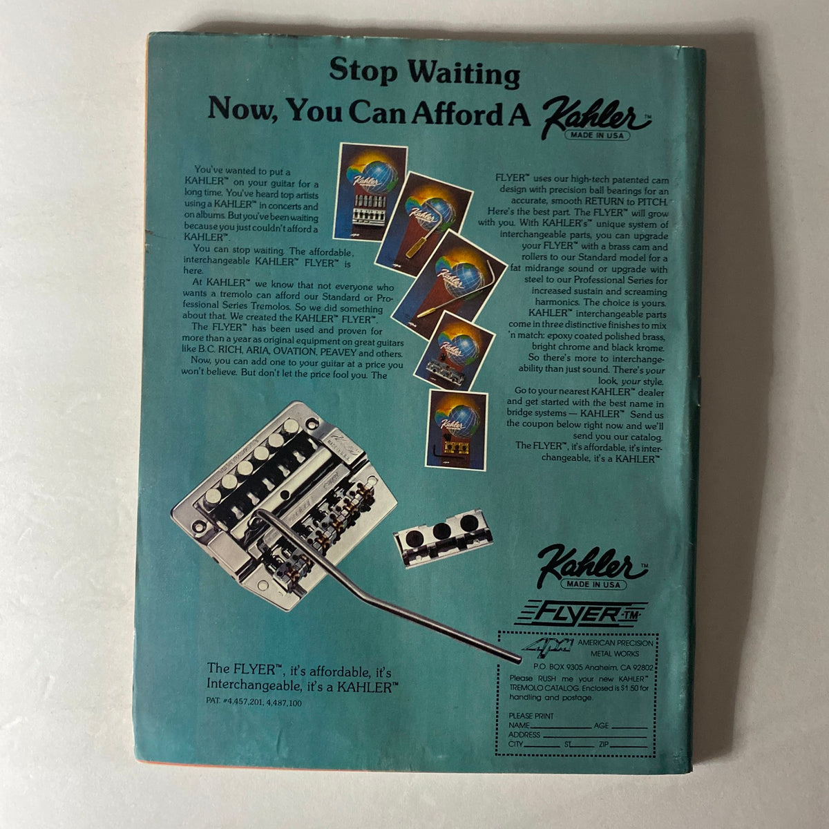 Back cover of VTG Guitar Magazine November 1985, featuring an advertisement for Kahler guitar products, appealing to musicians seeking high-quality equipment.