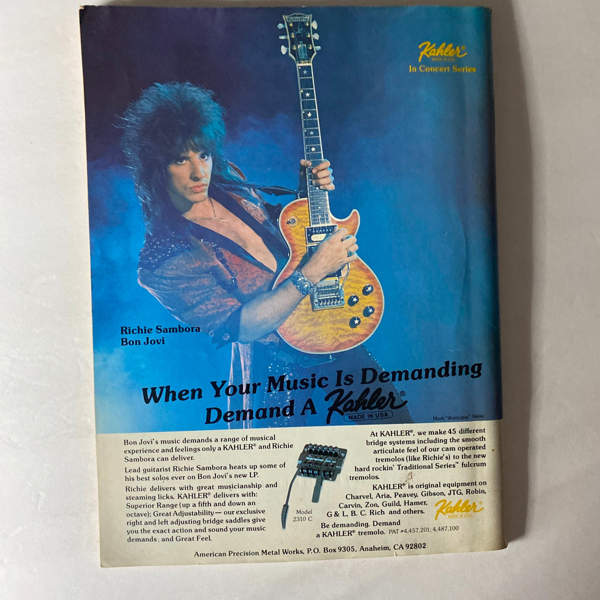 Back cover of VTG Guitar Magazine August 1986 displaying an advertisement for Kahler guitar equipment featuring Richie Sambora of Bon Jovi.