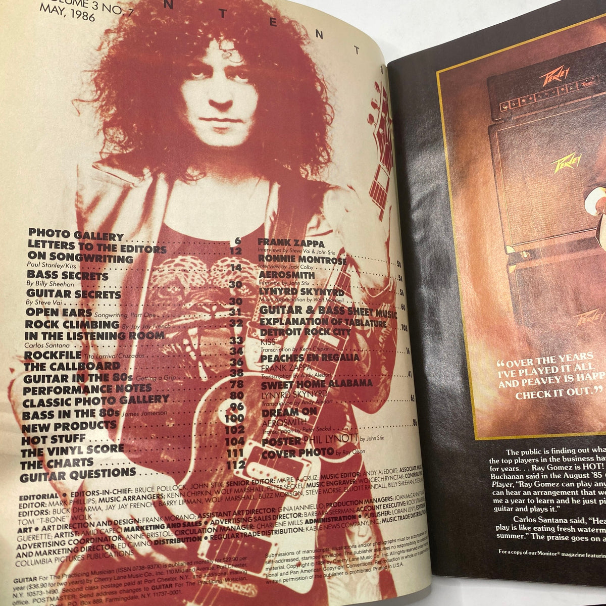 Contents page of VTG Guitar Magazine May 1986, listing articles on Aerosmith and Lynyrd Skynyrd, highlighting classic rock insights.