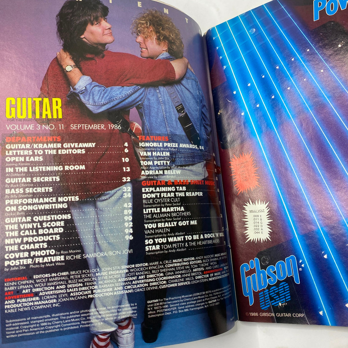Interior page of Vintage Guitar Magazine September 1986, displaying features and articles about Van Halen and Bon Jovi, with vivid imagery.