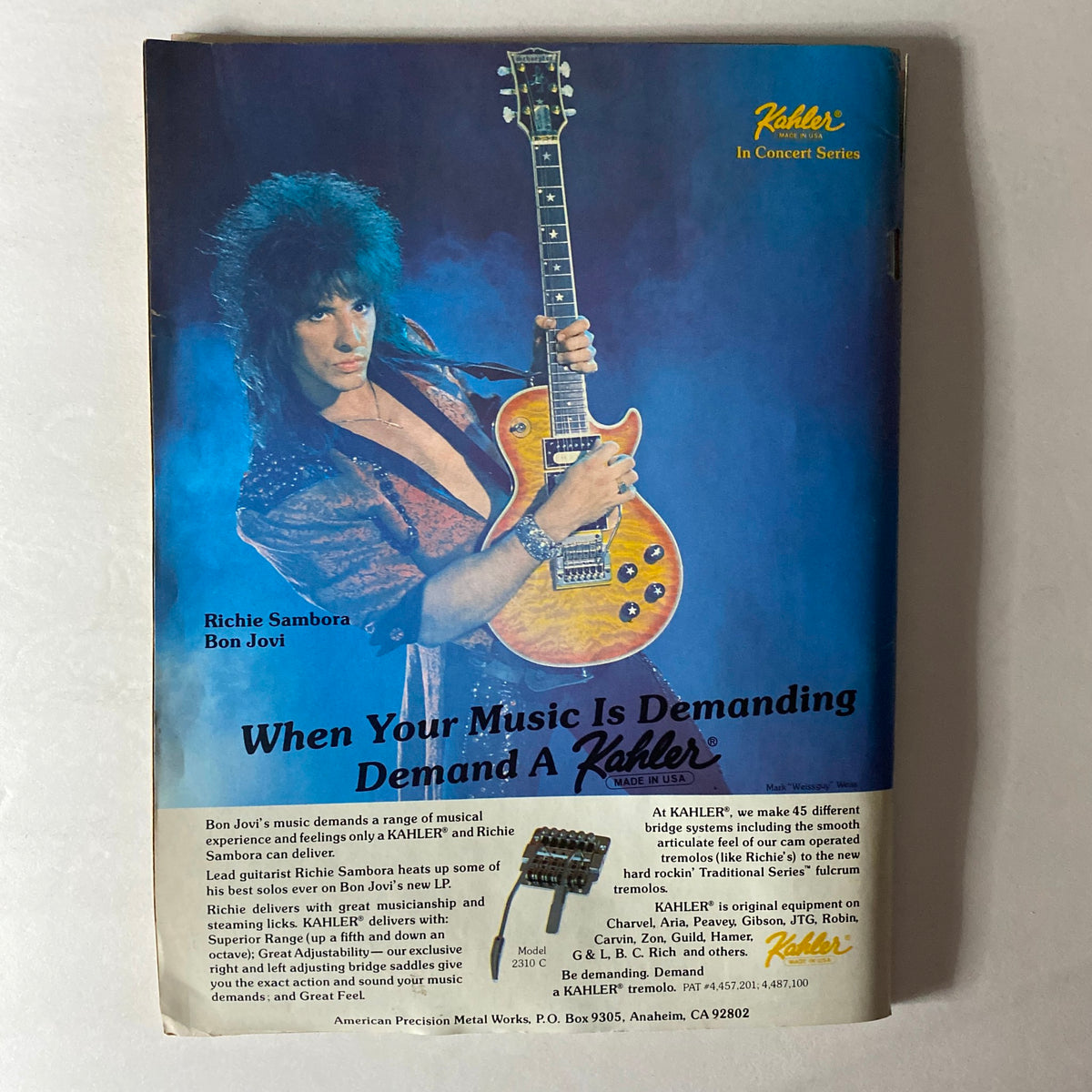 Back cover of Vintage Guitar Magazine September 1986, advertising Kahler guitar products with a picture of Richie Sambora from Bon Jovi.