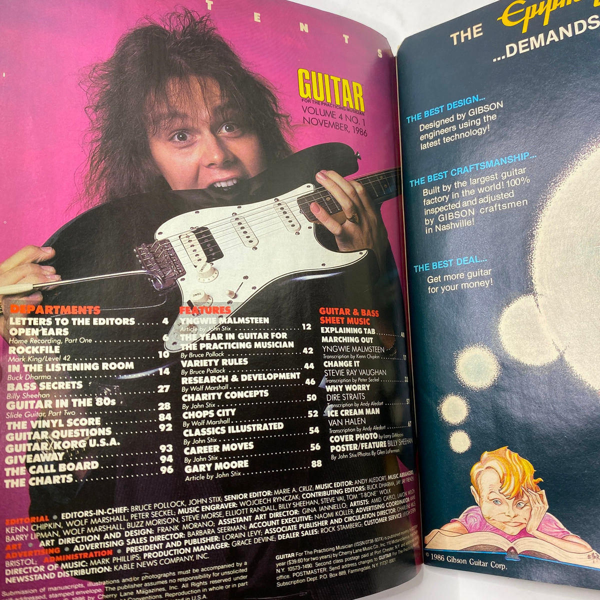 Cover page featuring a musician with wild hair holding a guitar, featured in the VTG Guitar Magazine November 1986 Anniversary Issue. Includes table of contents highlighting features and articles related to guitarists and the year in rock.