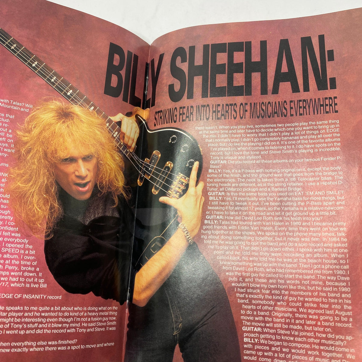 Page showcasing Billy Sheehan with his bass guitar in VTG Guitar Magazine November 1986 Anniversary Issue, emphasizing his impact on musicians and rock music.