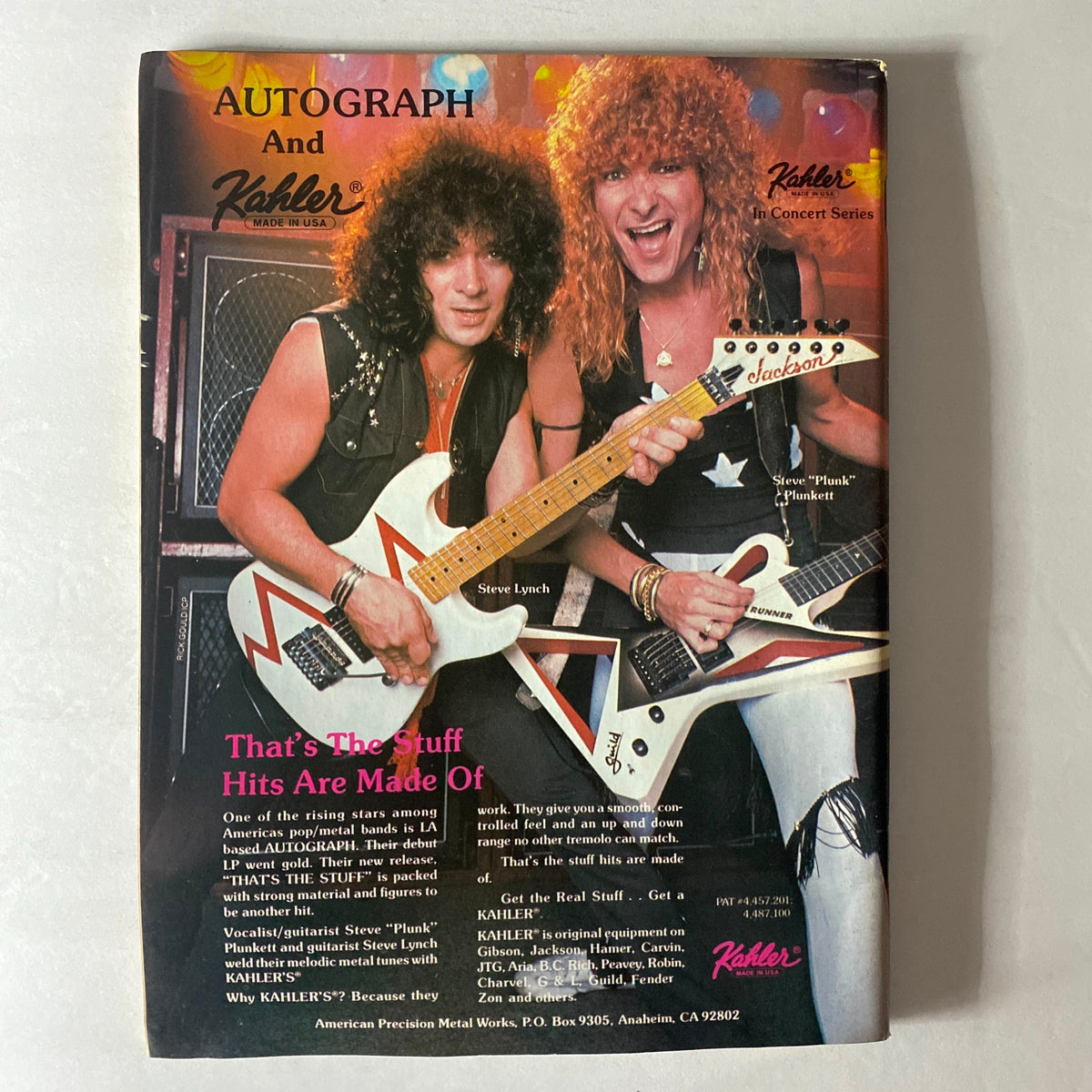 Advertisement featuring Steve Lynch and Steve 'Plunk' Plunkett with their guitars in VTG Guitar Magazine November 1986 Anniversary Issue, promoting their music and the Kahler products.