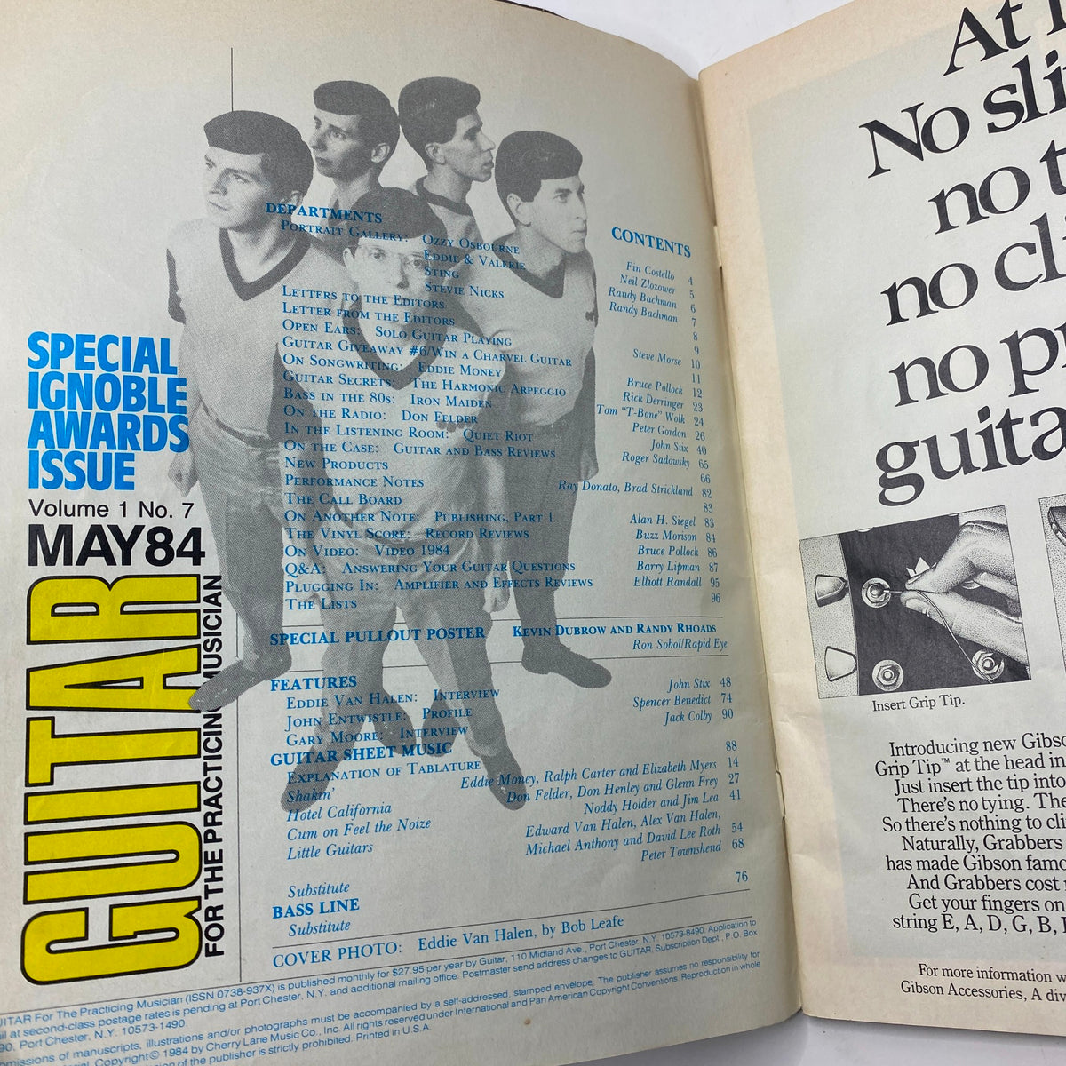 Inside pages of VTG Guitar Magazine May 1984 displaying the contents and feature articles, including Eddie Van Halen's interview.