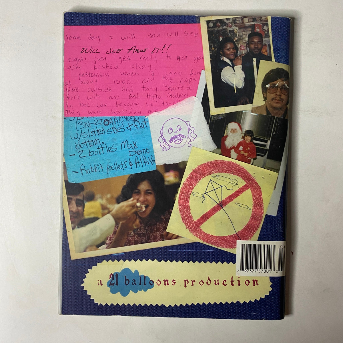 Back cover of Found Magazine 2002 #2, displaying various photographs and handwritten notes, emphasizing its nostalgic and artistic appeal, complete with a barcode for identification.