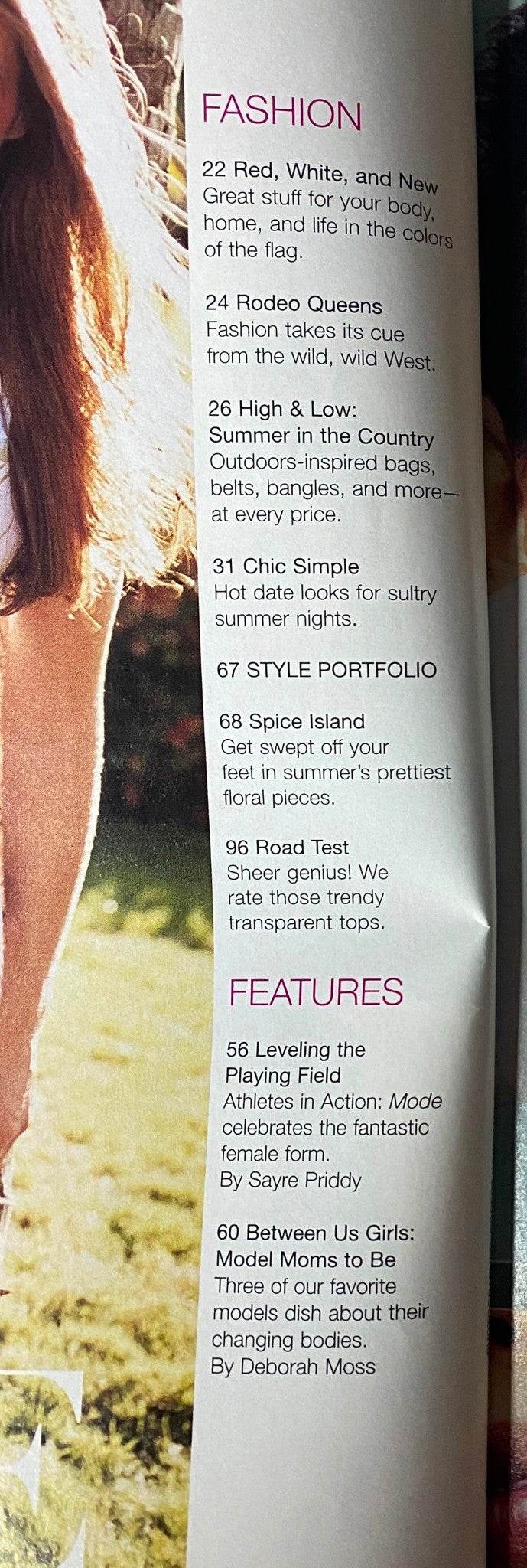 Contents page of Mode Magazine July 2001, listing articles including fashion highlights for summer and features on pregnant models.