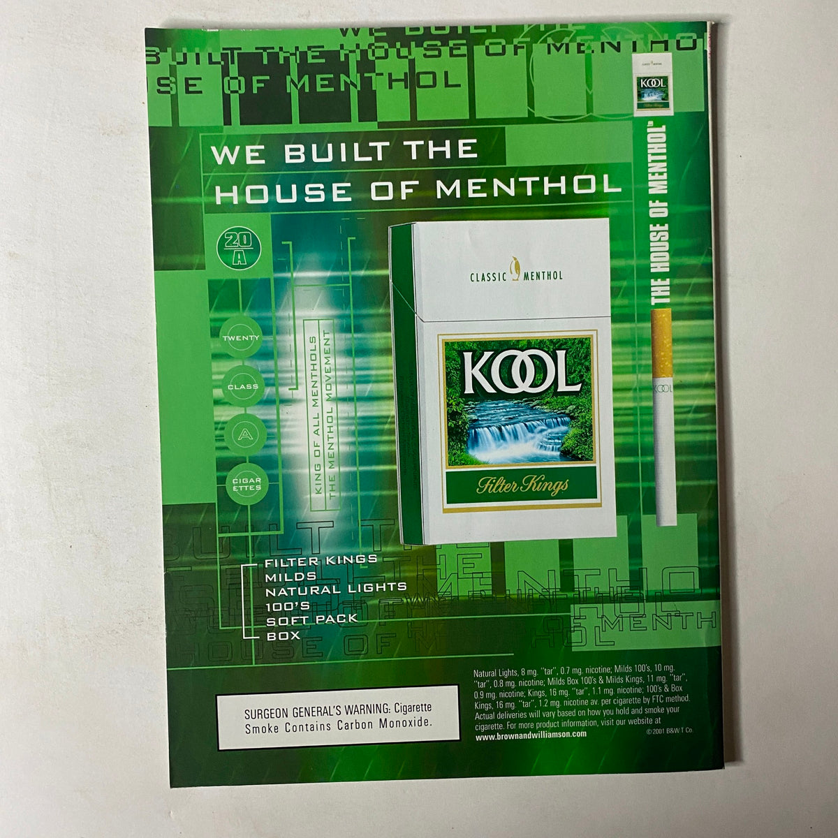 Back cover of Mode Magazine July 2001 featuring an advertisement for Kool cigarettes, emphasizing menthol products.