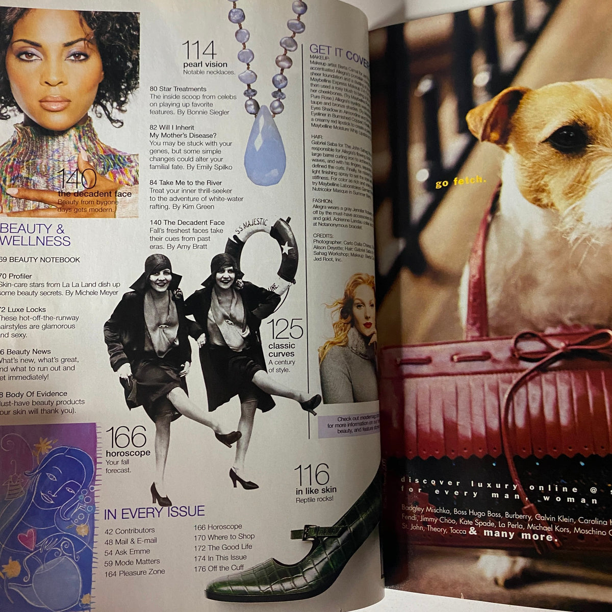 Interior page from Mode Magazine September 2001 displaying features on beauty and wellness, including the section 'Horoscope' and 'Classic Curves', emphasizing trendy plus-size fashion.