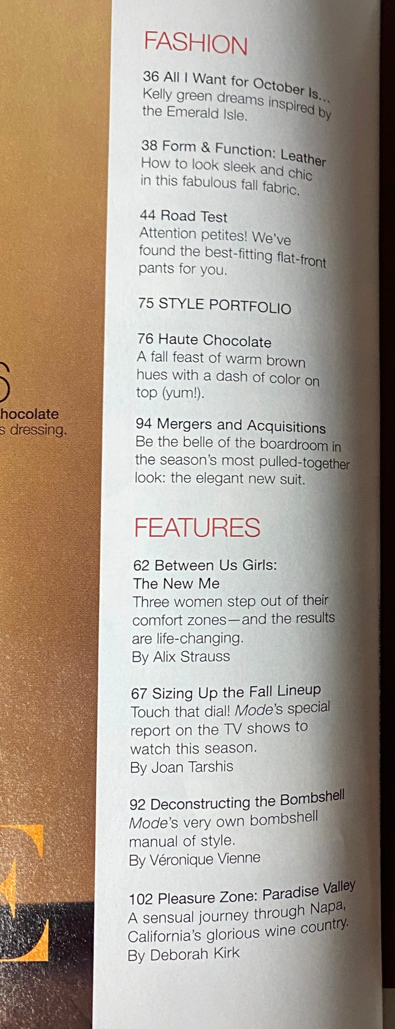 Table of contents from Mode Magazine, October 2001, listing articles and features including 'All I Want for October Is...' and 'Sizing Up the Fall Lineup'.
